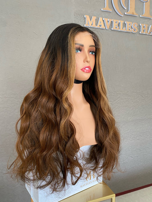 Raw Human Hair Piano Highlight Body Wave Lace Front Wig XR09 Natural Brown Balayage Wig